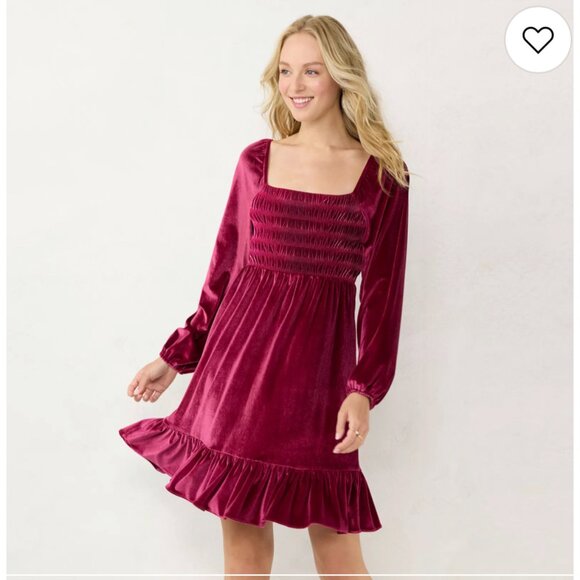 Lauren Conrad Size Xxl Smocked Velvet Mini Dress Square Neck Ruffle Hem Festive - Picture 1 of 8